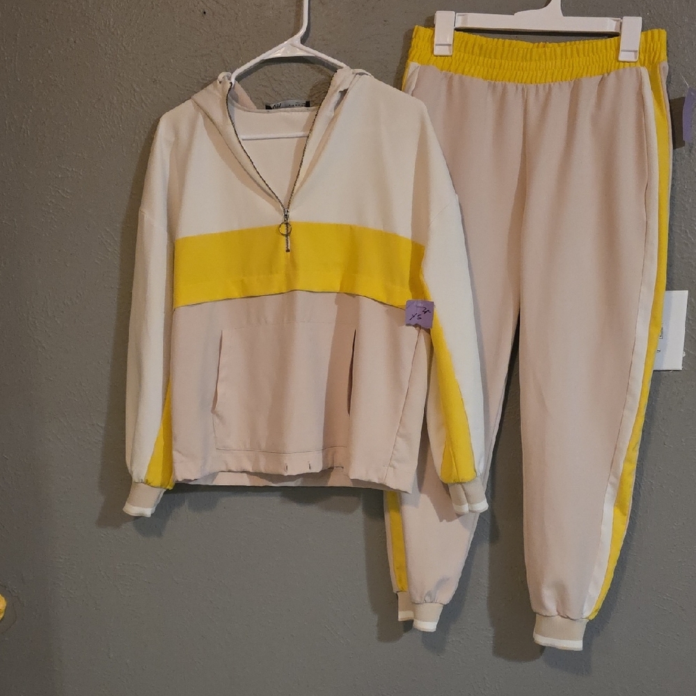 Zara Yellow and Cream Track Pants & Hoodie Set